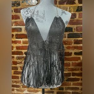 Bling Rhinestone Fishnet See Through Mesh Tassel Bra, One size